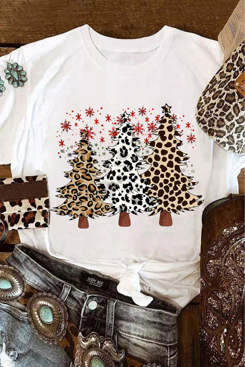 Leopard Print Tree Graphic Crewneck Short Sleeve Tee