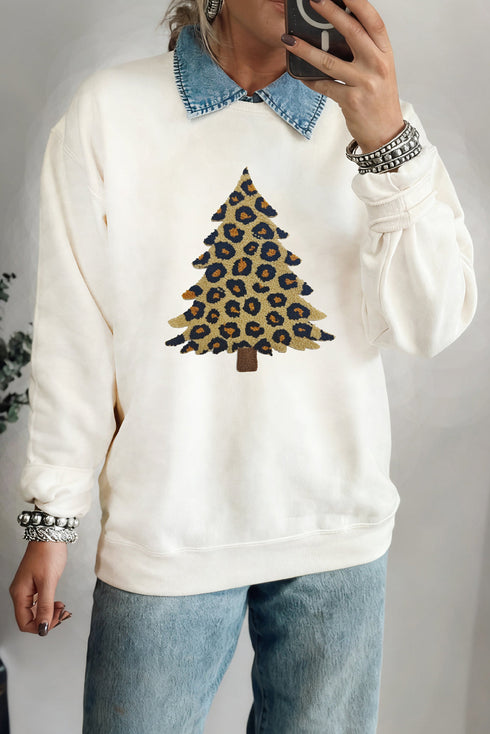 Leopard Print Tree Graphic Holiday Pullover Sweatshirt