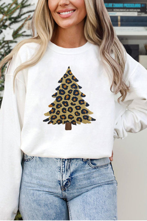 Leopard Print Tree Graphic Holiday Pullover Sweatshirt