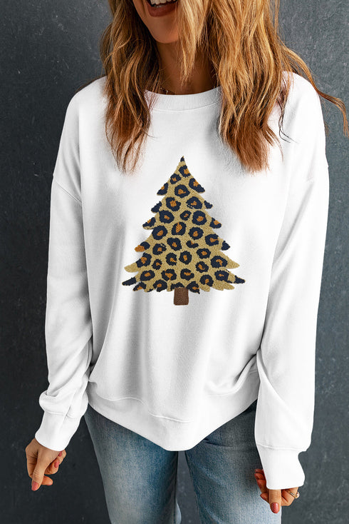 Leopard Print Tree Graphic Holiday Pullover Sweatshirt