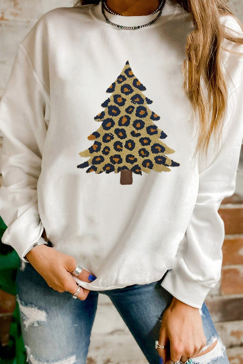 Leopard Print Tree Graphic Holiday Pullover Sweatshirt