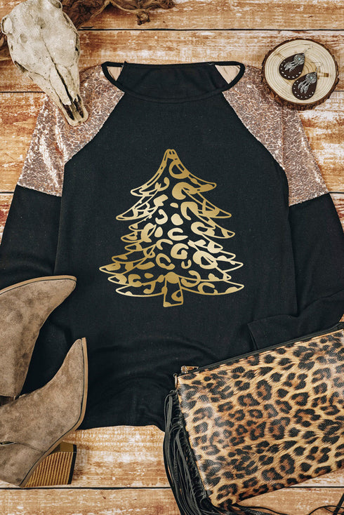 Leopard Print Tree Graphic Sequin Raglan Top