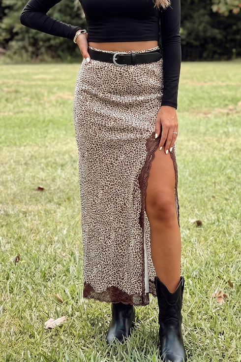 Leopard Print Trim Split Long Western Satin Skirt