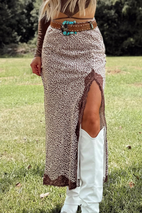 Leopard Print Trim Split Long Western Satin Skirt