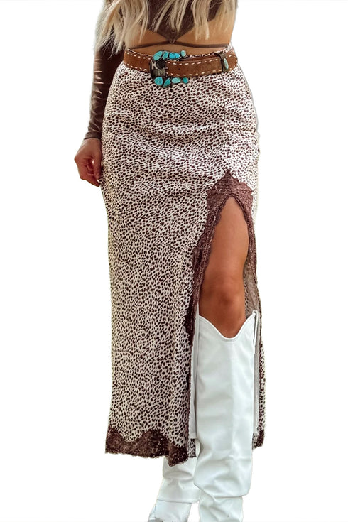 Leopard Print Trim Split Long Western Satin Skirt