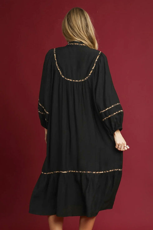 Leopard Print Trim Split Neck Long Sleeve Midi Dress