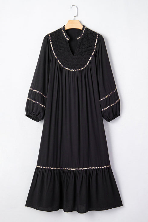 Leopard Print Trim Split Neck Long Sleeve Midi Dress