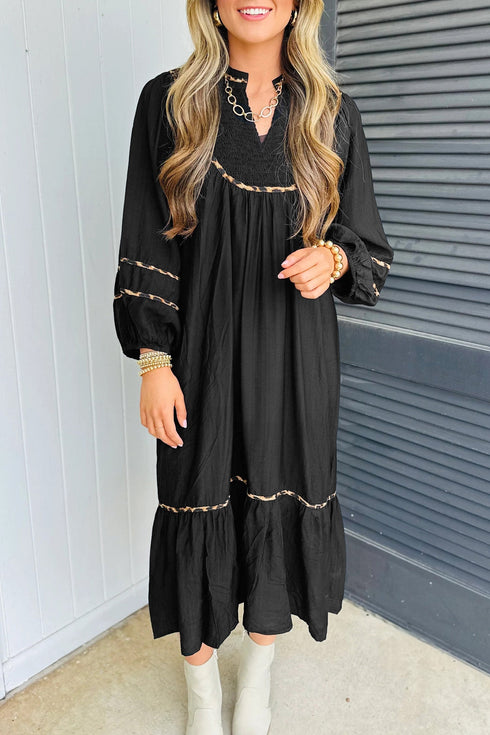 Leopard Print Trim Split Neck Long Sleeve Midi Dress