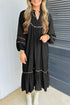 Leopard Print Trim Split Neck Long Sleeve Midi Dress
