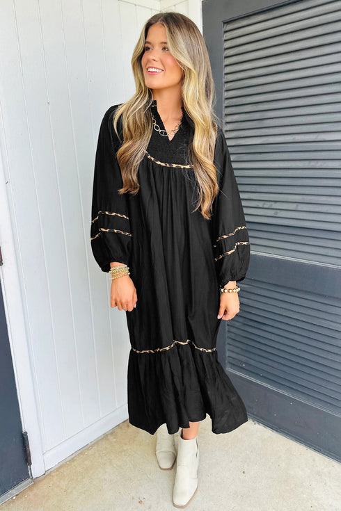 Leopard Print Trim Split Neck Long Sleeve Midi Dress