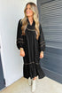Leopard Print Trim Split Neck Long Sleeve Midi Dress