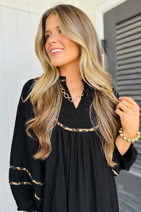 Leopard Print Trim Split Neck Long Sleeve Midi Dress