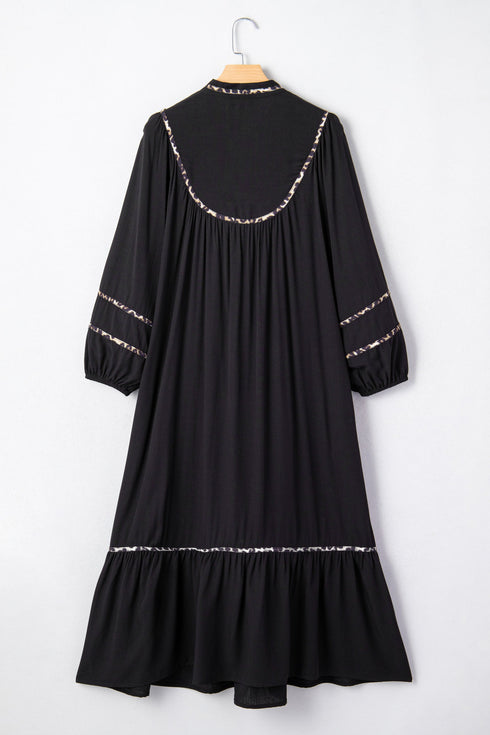 Leopard Print Trim Split Neck Long Sleeve Midi Dress