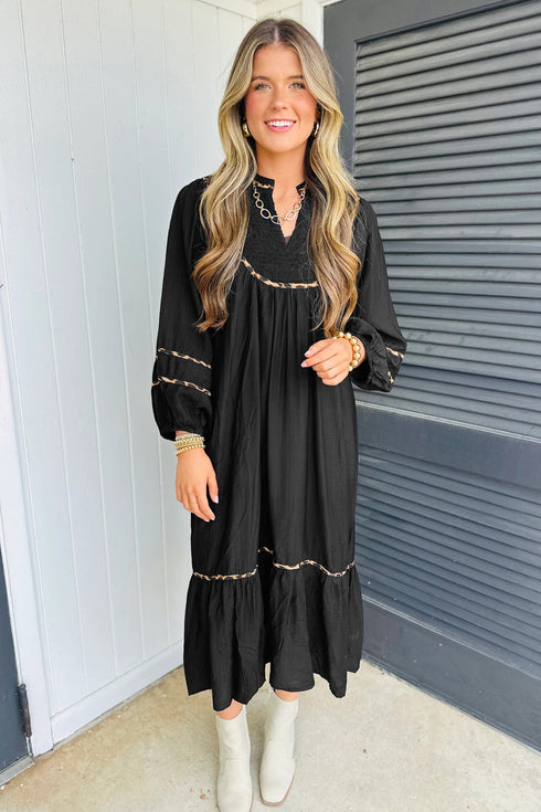 Leopard Print Trim Split Neck Long Sleeve Midi Dress