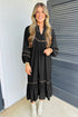 Leopard Print Trim Split Neck Long Sleeve Midi Dress