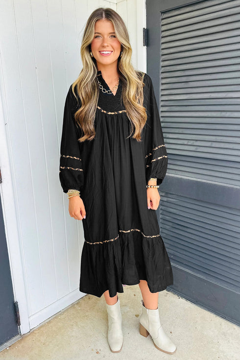 Leopard Print Trim Split Neck Long Sleeve Midi Dress
