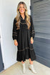 Leopard Print Trim Split Neck Long Sleeve Midi Dress