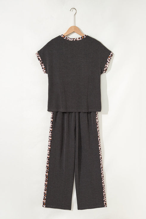 Leopard Print Twisted Rib Cropped Wide Leg Pant Set