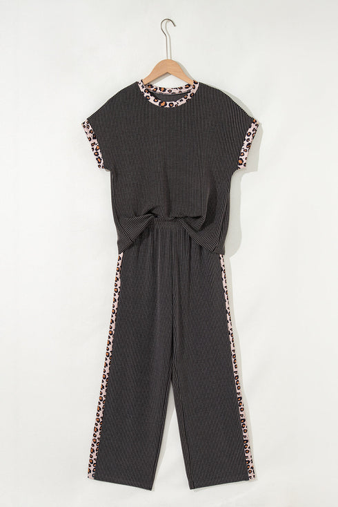 Leopard Print Twisted Rib Cropped Wide Leg Pant Set