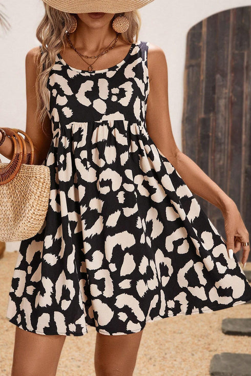 Leopard Print U Neck Sleeveless High Waist Dress