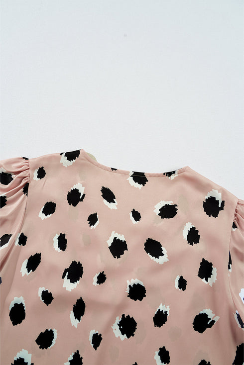 Leopard Print V Neck Bracelet Sleeve Woven Blouse