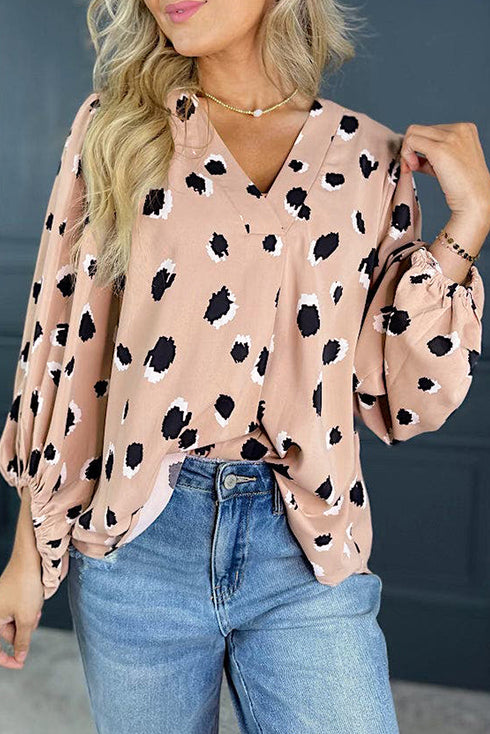 Leopard Print V Neck Bracelet Sleeve Woven Blouse