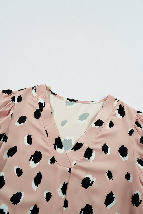 Leopard Print V Neck Bracelet Sleeve Woven Blouse