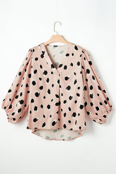Leopard Print V Neck Bracelet Sleeve Woven Blouse