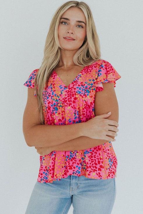Leopard Print V Neck Flutter Sleeve Blouse