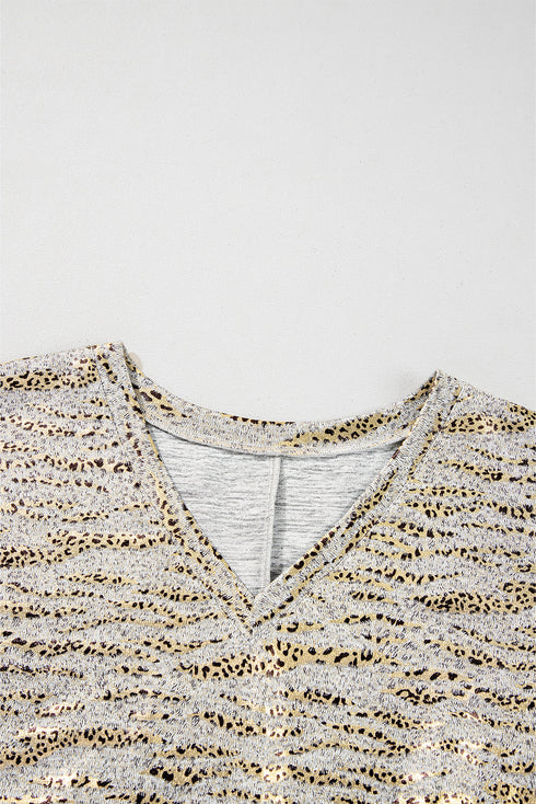 Leopard Print V Neck Half Sleeve Loose Fit Shirt