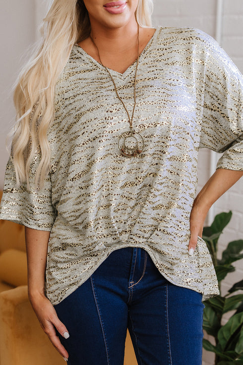Leopard Print V Neck Half Sleeve Loose Fit Shirt