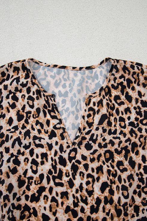Leopard Print V Neck Half Sleeve Relaxed Blouse