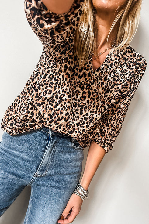 Leopard Print V Neck Half Sleeve Relaxed Blouse
