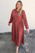Leopard Print V Neck Long Sleeve Midi Dress