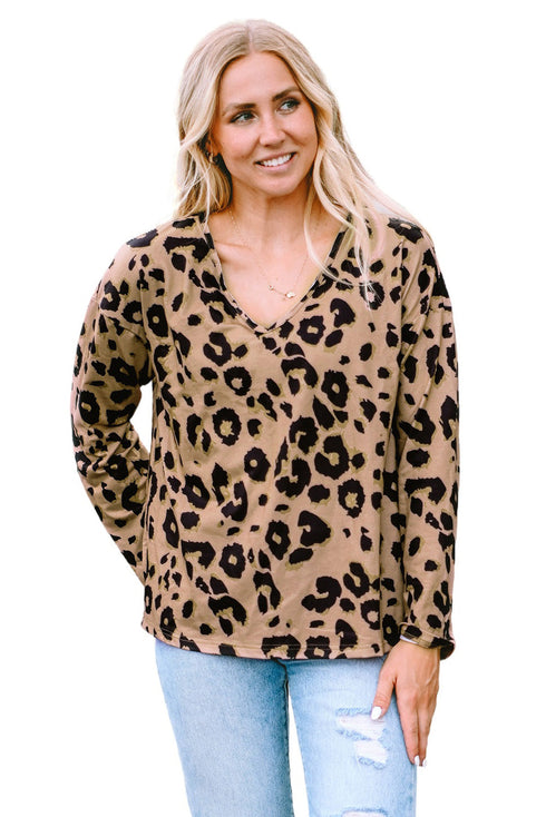 Leopard Print V Neck Long Sleeve Relaxed Fit Top