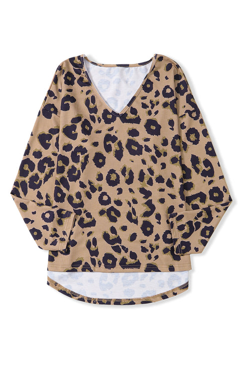 Leopard Print V Neck Long Sleeve Relaxed Fit Top