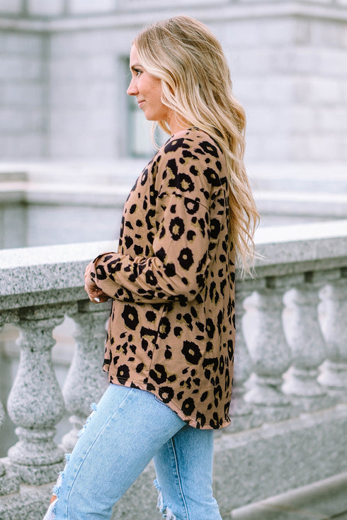 Leopard Print V Neck Long Sleeve Relaxed Fit Top