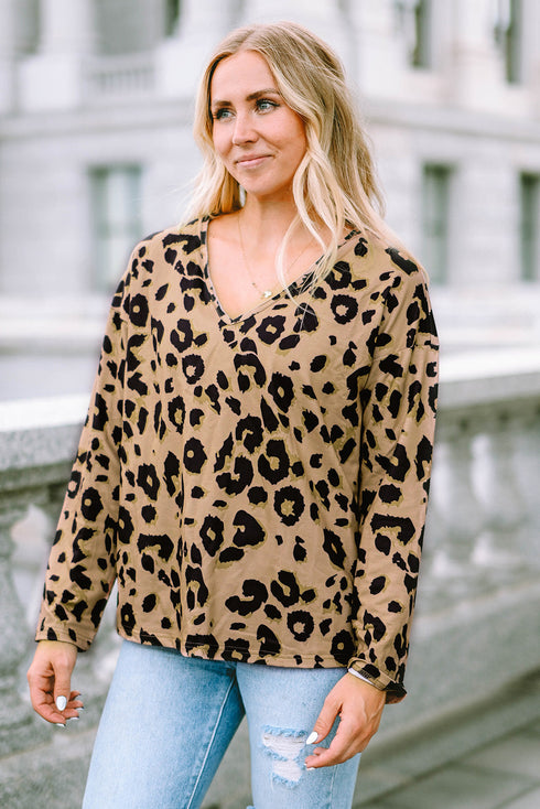 Leopard Print V Neck Long Sleeve Relaxed Fit Top