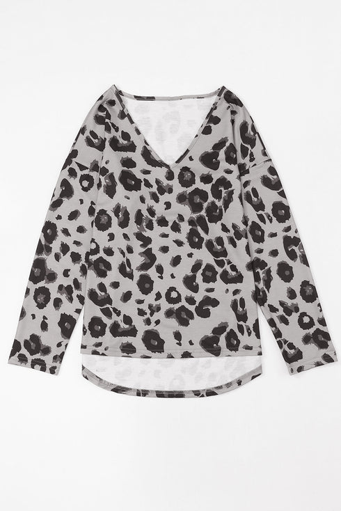 Leopard Print V Neck Long Sleeve Relaxed Fit Top