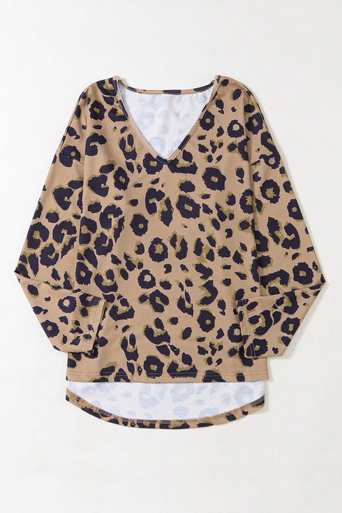 Leopard Print V Neck Long Sleeve Relaxed Fit Top
