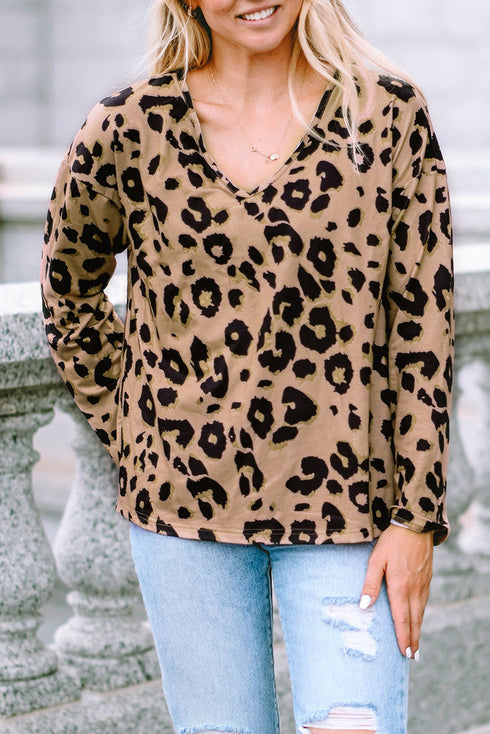 Leopard Print V Neck Long Sleeve Relaxed Fit Top