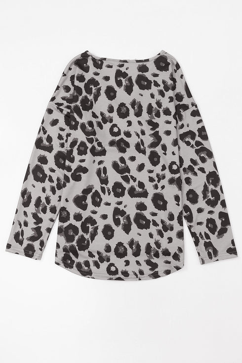 Leopard Print V Neck Long Sleeve Relaxed Fit Top