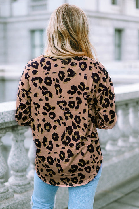 Leopard Print V Neck Long Sleeve Relaxed Fit Top