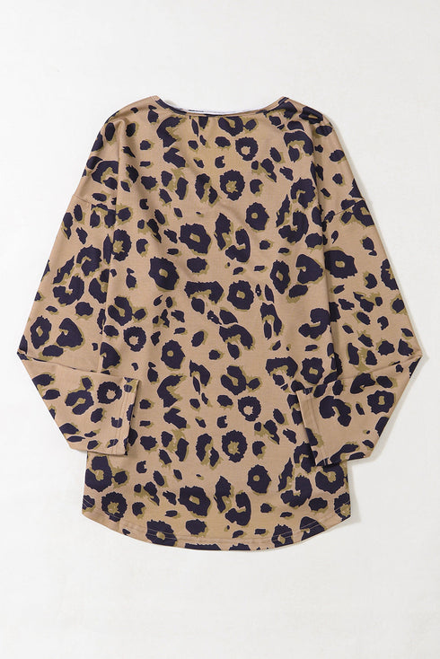 Leopard Print V Neck Long Sleeve Relaxed Fit Top