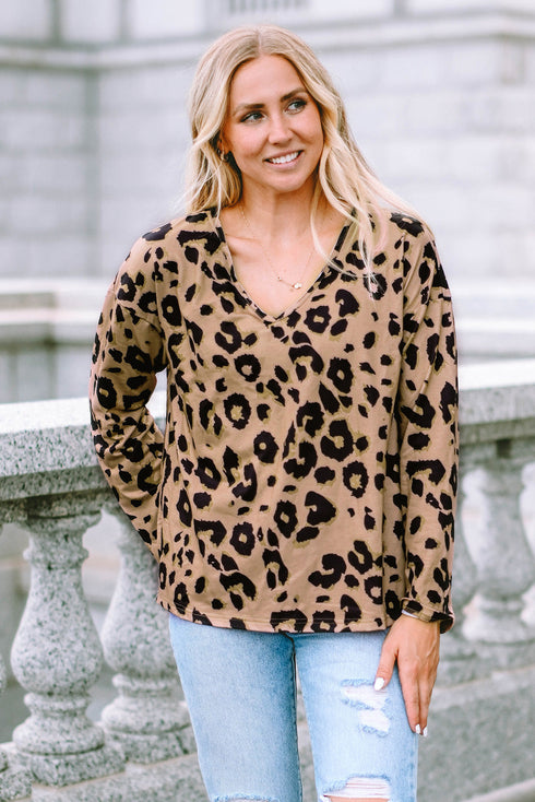 Leopard Print V Neck Long Sleeve Relaxed Fit Top