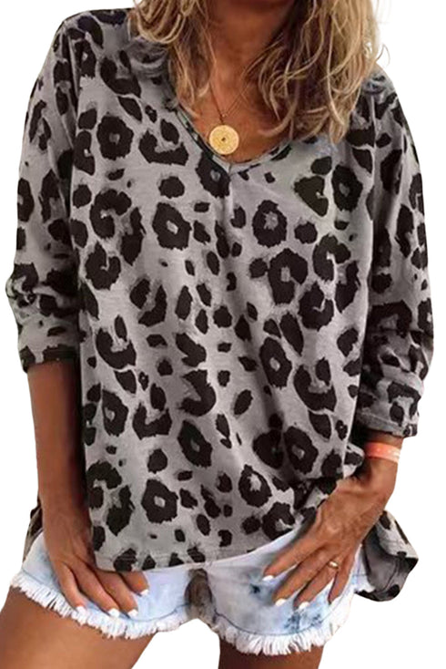 Leopard Print V Neck Long Sleeve Relaxed Fit Top