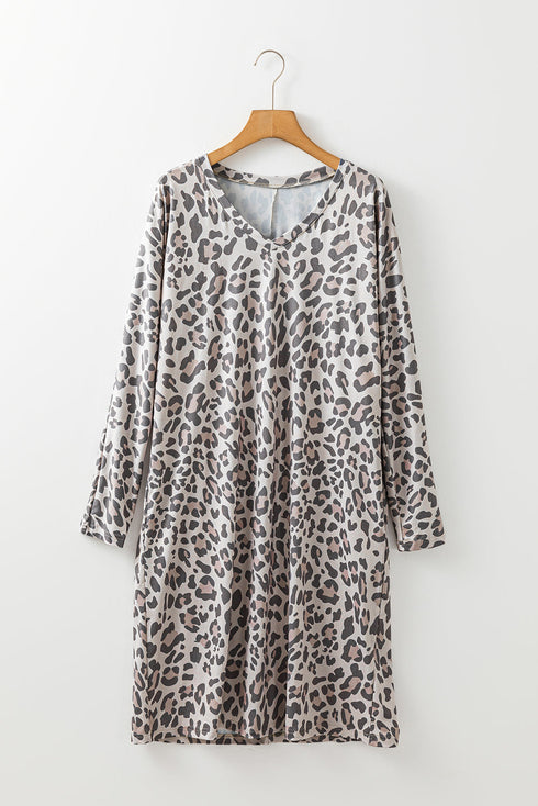 Leopard Print V Neck Loose Fit Mini Dress