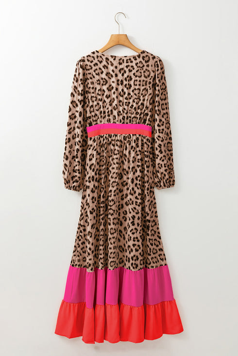 Leopard Print V Neck Patchwork Loose Fit Maxi Dress