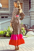 Leopard Print V Neck Patchwork Loose Fit Maxi Dress