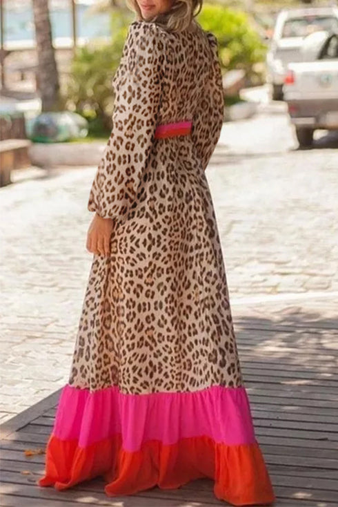 Leopard Print V Neck Patchwork Loose Fit Maxi Dress